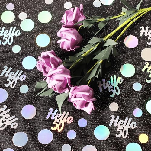 Hello 50 Birthday Confetti for Table Iridescent Circle Happy 50th Birthday Party Decorations for Women Fifty Years Old Birthday Tables Scatter Party Confetti Wedding Anniversary Decor 300PC (230 Count)