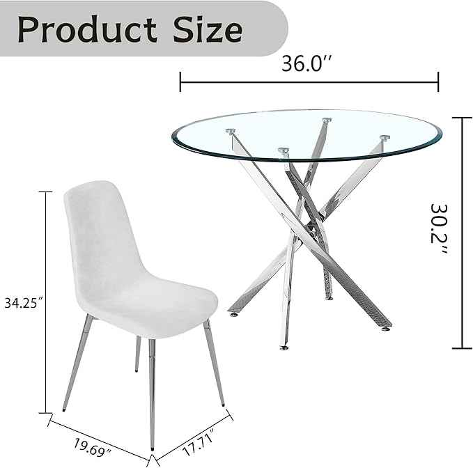 AF ARTISAN FURNITURE 36" Round Glass Dining Table Set for 4, 5-Piece Modern Kitchen Table with 4 White Velvet Chairs, Modern Circle Leisure Table for Home Office Dining Room Small Spaces (Silver Leg)