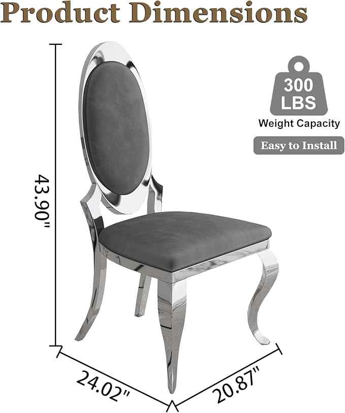 Modern Dining Chairs Set of 4, Luxury Velvet Upholstered Armless Dining Room Chair with Mirrored Stainless Steel Silver Legs, Mid Century Accent for Wedding Party Banquet Reception, Grey