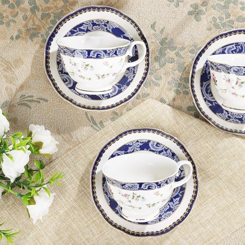 21 Piece Blue Lace and Roses Bone China Tea Sets for Adults (21 Count)
