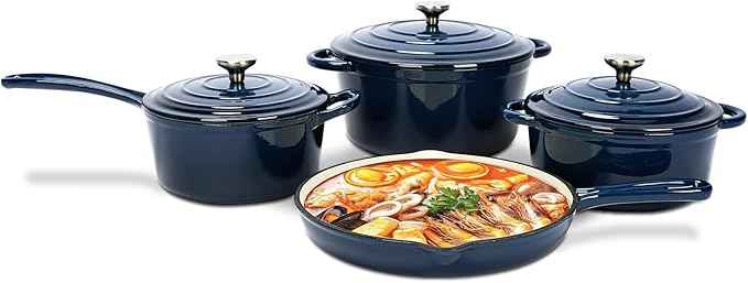 QuliMetal Nonstick Enameled Cast Iron Cookware Set, 5-Piece Pots and Pans Set with Lids, Dutch Oven, Saucepan and 3 Skillets, for All Stovetops, Oven Safe to 500°F