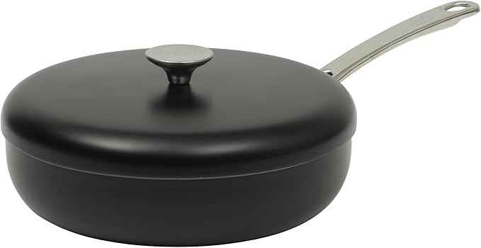 Sur La Table Kitchen Essentials Potluck Porch 4.5 Quart Sauté Pan, Deep Frying Pan Skillet w/Lid Aluminum PFA Free Ceramic Cookware Chef's Pan, Omelet Pan - Induction - Black