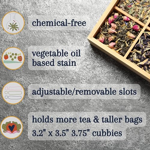 Bamboo Tea Organizer Box Chemical Free Eco (4-Slot Square / Tea Time Pot & Cups)
