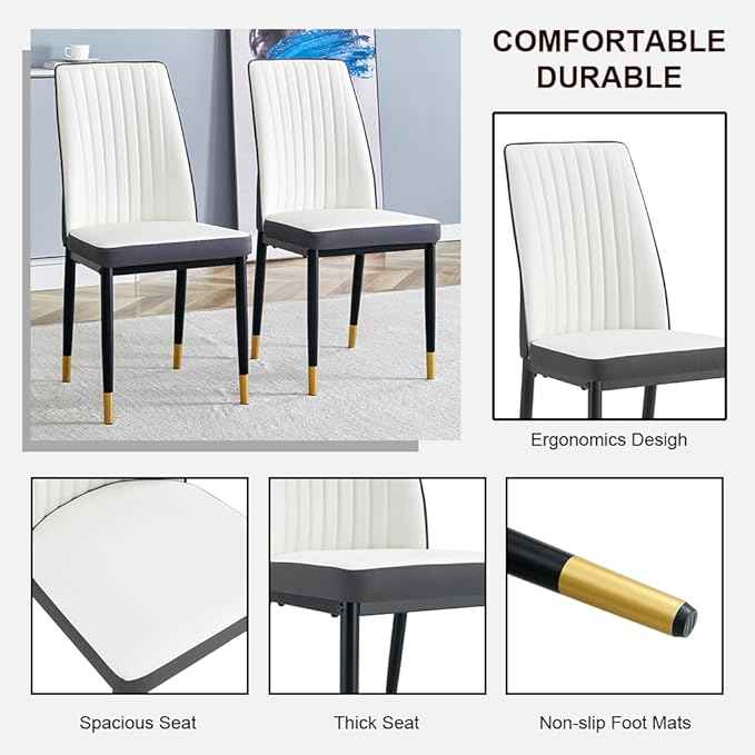 Modern Dining Chairs Set - Off-White PU Leather Armless Chairs with Metal Legs for Dinner Room, Office, Waiting Room (Set of 4)