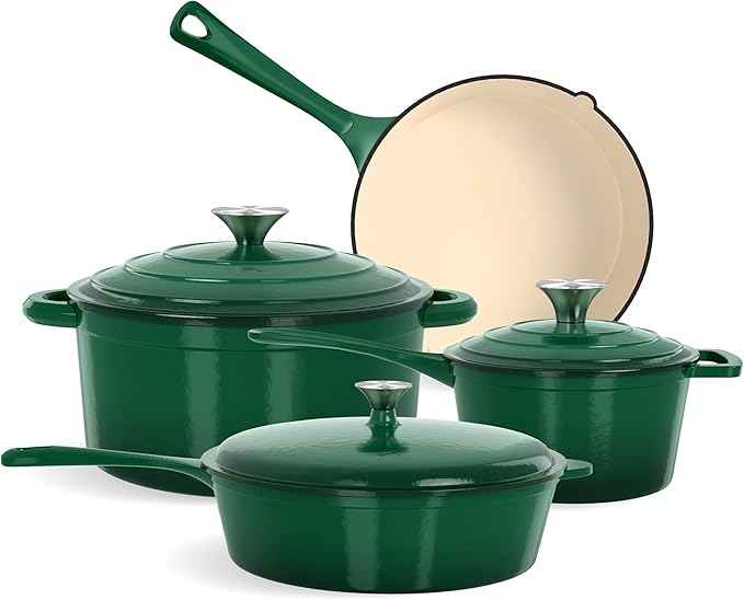 Kitchen Academy 7Pcs Enameled Cast Iron Cookware Sets - Non Toxic Pots and Pans Set, Induction Nonstick Cookware Set, PFOA&PFAS Free (Emerd)