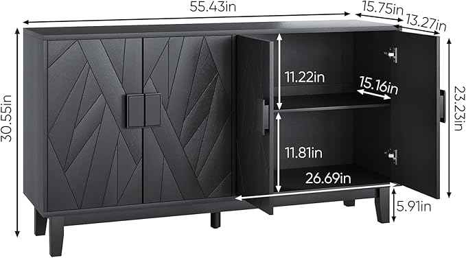 Modern Black 4-Door Sideboard Buffet Cabinet with Geometric Wood Doors | Adjustable Shelves, Large Console Table for Dining Room, Kitchen, and Living Room (55 inches)