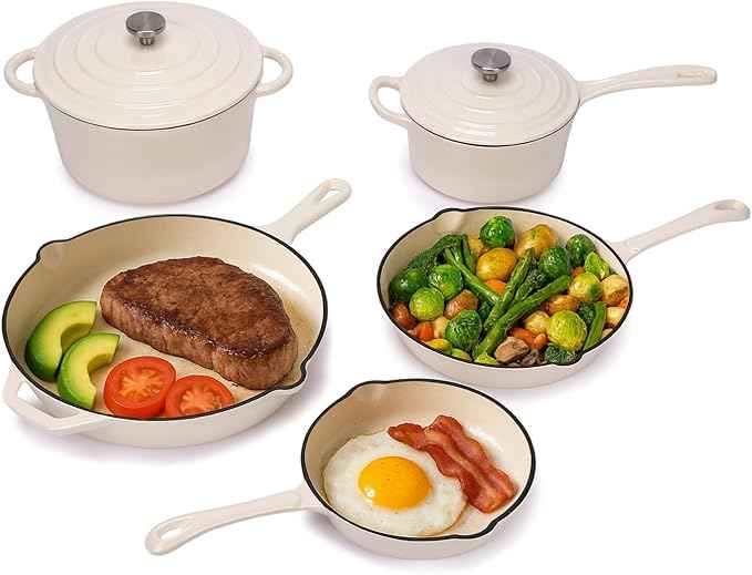 QuliMetal Enameled Cast Iron Cookware Set, 5-Piece Pots and Pans Set with Lids, Skillet, Frying Pan, Saucepan & Dutch Oven for All Stovetops, PFOA Free, Ideal for Sourdough Bread Baking