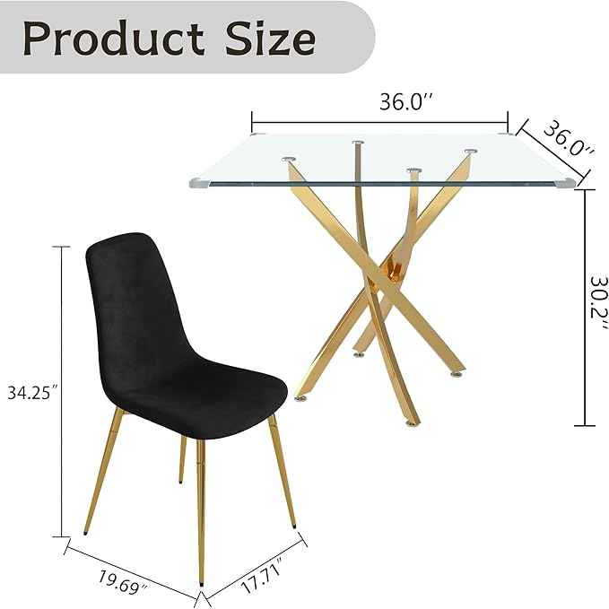 AF ARTISAN FURNITURE 36" Square Glass Dining Table Set for 4, 5-Piece Modern Kitchen Table with 4 Black Velvet Chairs, Modern Circle Leisure Table for Home Office Dining Room Small Spaces (Gold Leg)