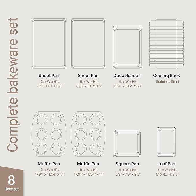 Bakken 8-Piece Ceramic Coated Bakeware Sets, Nonstick Aluminized Steel Pans with Muffin, Loaf, Cake, Roasting Pan, & Cooling Rack, Oven Safe Up To 500°F, Dishwasher Safe, BPA, PTFE & PFAS Free, Blue