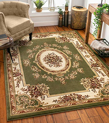 Pastoral Medallion Green French Area Rug European Formal Traditional (5'3" x 7'3" (Rectangular) / Green)