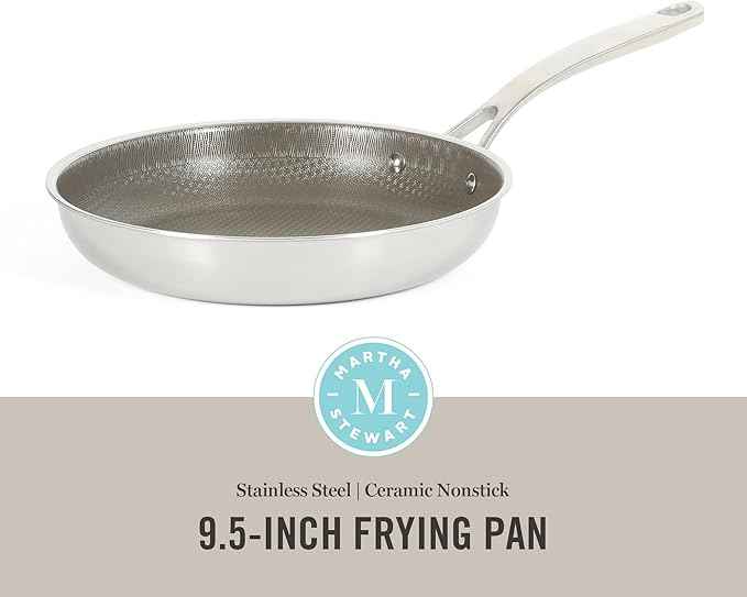 Martha Stewart Badgley Hybrid Nonstick 9.5 Inch TriPly Stainless Steel Fry Pan & Stay Cool Handle - Laser Etched Non-Toxic Perfect Sear Nonstick Skillet - Dishwasher and Induction Safe