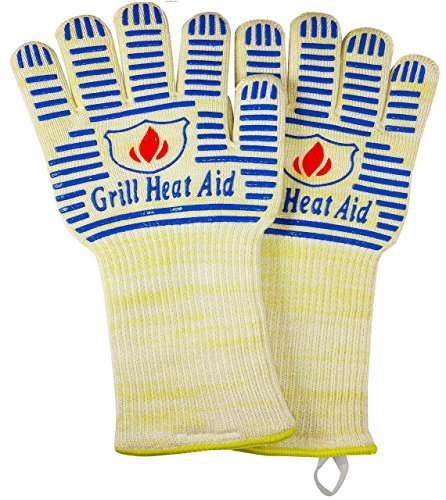 Grill Gloves Heat Proof for Men Grilling BBQ Heat Resistant Gloves (White & Blue / Long Cuff - Small Palm)