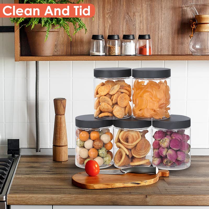 48pcs 8 oz Plastic Containers with Lids Labels Leak Proof BPA Free Airtight Refillable Clear Small Containers Storage Jars for Storing Dry Food Slime Honey Jam (black / 8 Ounce)