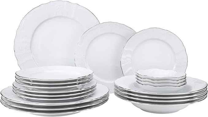 Euro Porcelain 20-pc Luxury Dinnerware Set w/Platinum Silver Ornament, HQ Dining Tableware Service for 4 (Bernadette wht.)