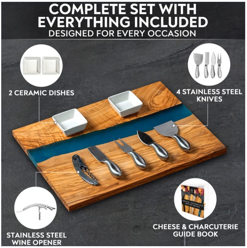 Handcrafted Italian Olive Wood Cheese & Charcuterie Board Set with Unique Blue Resin Artwork (Blue)