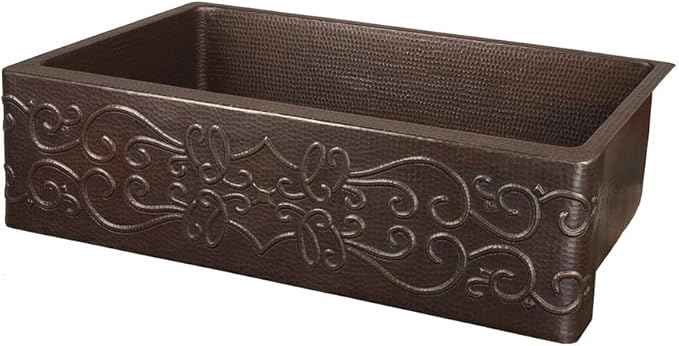 Premier Copper Products KASDB30229S 30-Inch Copper Hammered Kitchen Apron Single Basin Sink with Scroll Design, Oil Rubbed Bronze