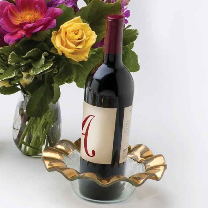 Annieglass Ruffle 7.75 Inch Wine Coaster with 24k Gold, Timeless Glass Tableware for all Occasions, Made in the USA
