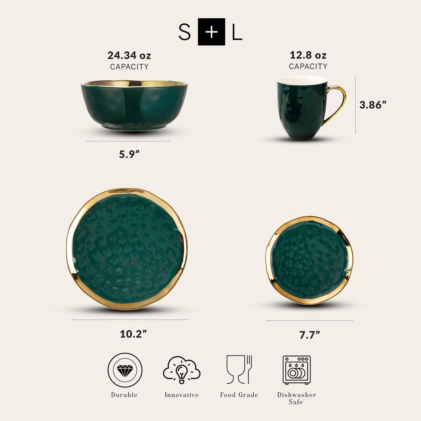 Florian Modern Porcelain Dish Set (32-Pieces Service for 8 / Green with Gold Rim)