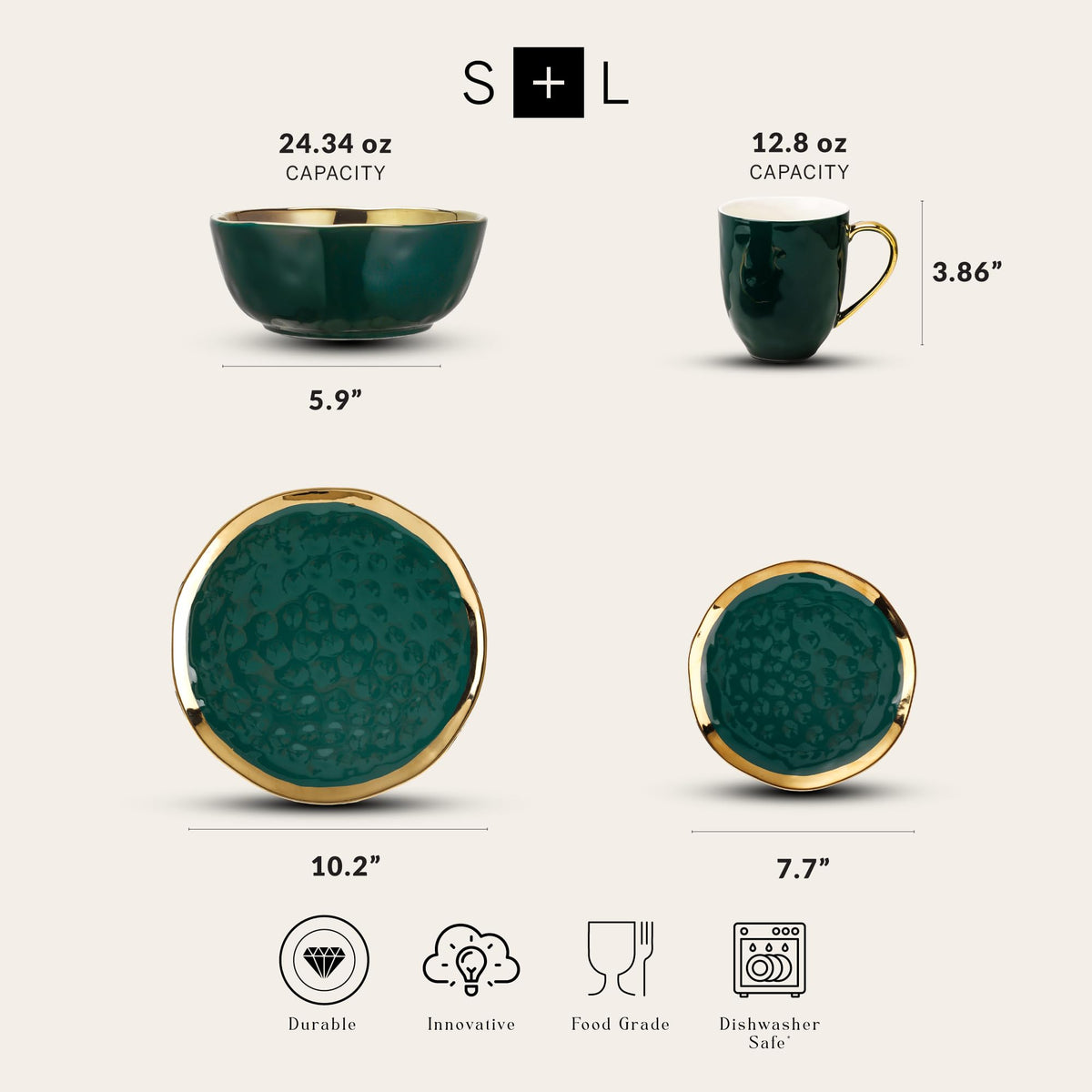 Florian Modern Porcelain 16 Piece Dinnerware Set (16-Pieces Service for 4 / Green with Gold Rim)