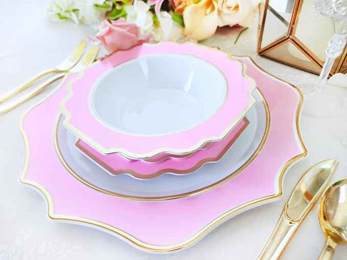 " OCCASIONS " 200 Piece set (25 Guests)-Wedding Plastic Plates & cutlery -Disposable heavyweight Dinnerware 10.5'', 8'' + Silverware + Cups + Napkins (Imperial in Rose Pink & Gold)