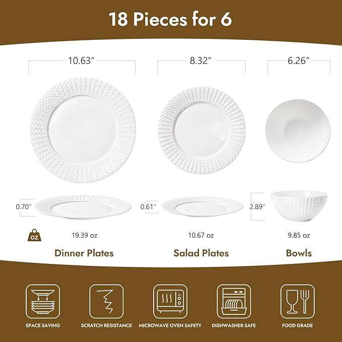 KINGSTONE Bone China Dinnerware Set, 18-Piece White Lightweight Porcelain for 6, Plates and Bowls with Rhombus patterned edge design, Microwave and Dishwasher Safe, for Family, Restaurant, Gifting
