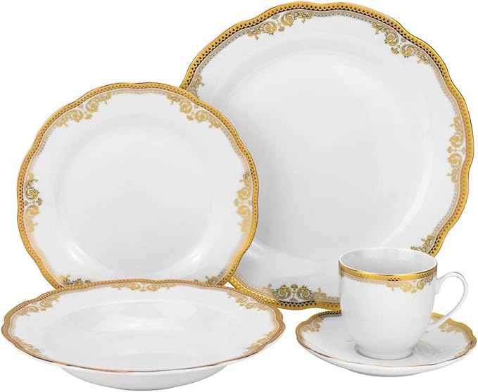 Euro Porcelain 20-pc Luxury Dinnerware Set with Scalloped Edges 24K Gold Ornament, HQ Dining Tableware Service for 4