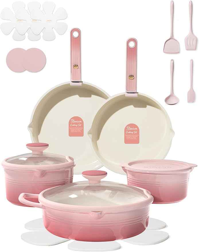 CAROTE 20Pcs Titanium Cookware Set, Pots and Pans Set Non Stick, Kitchen Cooking Set with Detachable Handle, Non Toxic Induction Cookware, Dishwasher/Oven Safe Pink