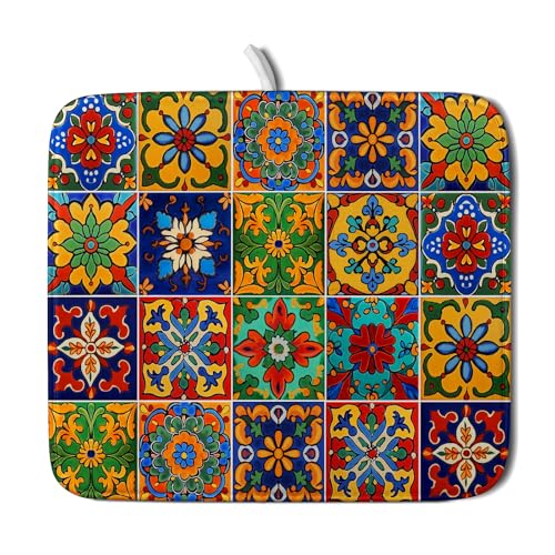 Mexican Tiles Dish Drying Mat for Kitchen Counter Absorbent Microfiber Dish Drying Pad Kitchen Gadgets Multi (Mexican Tiles Blue / 18" x 16")