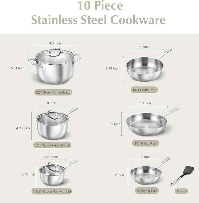 KOCH SYSTEME CS Stainless Steel Pots and Pans Set, 10 Piece Stainless Steel Cookware Set for Professional Cooking, Kitchen Cookware Sets, Induction Compatible Cookware Set 10 Pcs, Pots and Pans