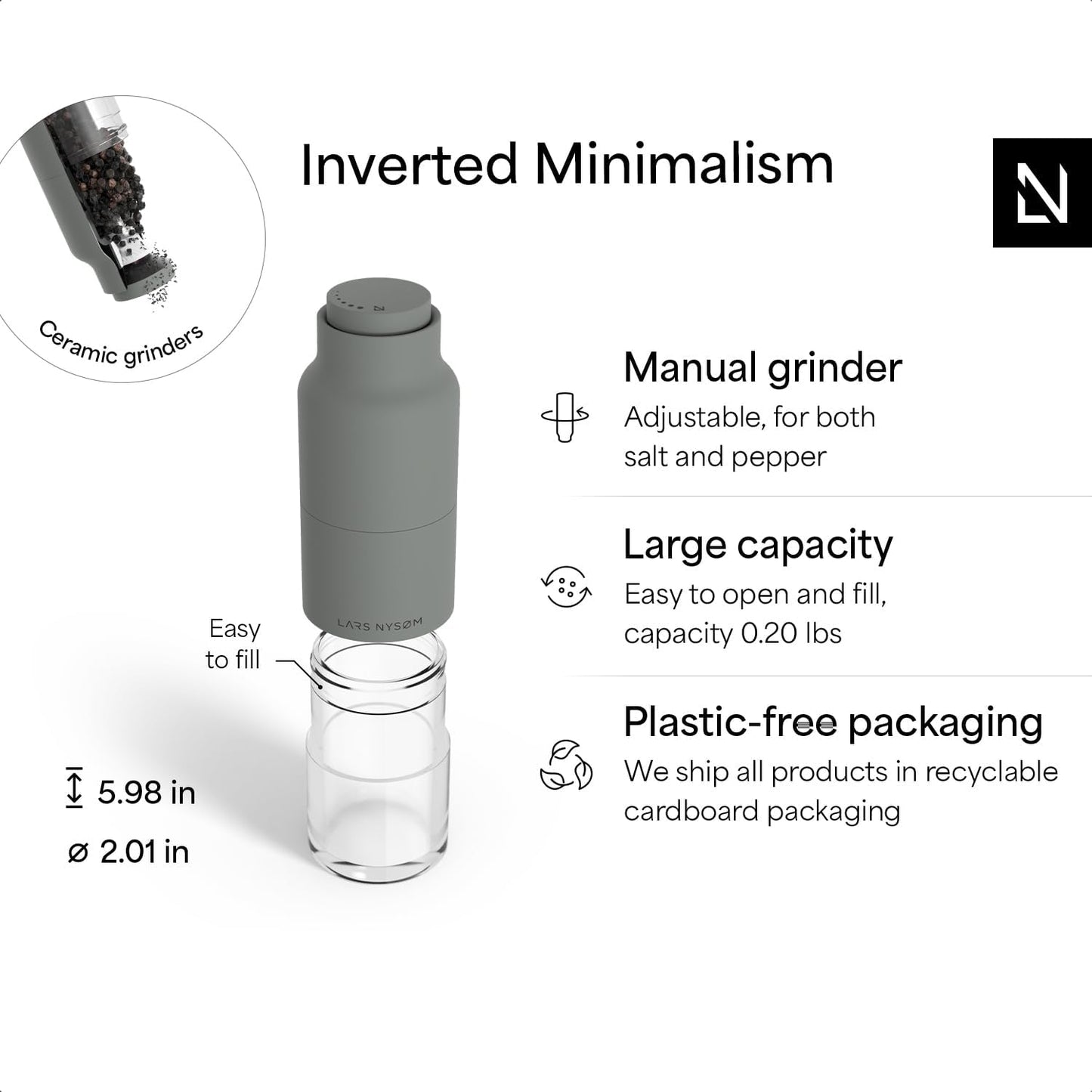 LARS NYSØM Salt and Pepper Grinder Set, Stainless Steel Manual Salt and Pepper Mills, Adjustable Ceramic Grinder, Design Spice Shakers (Ash Gray)