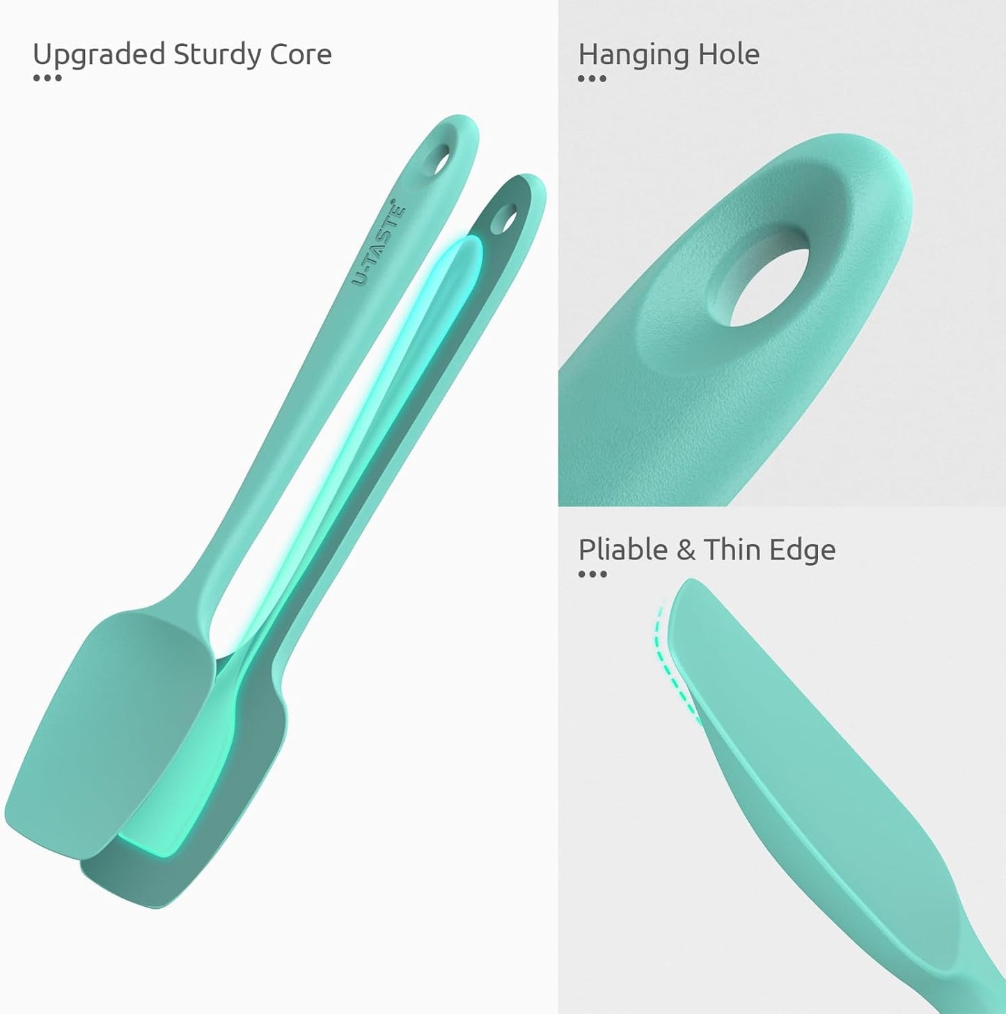 U-Taste Silicone Spoon Spatula Set: 480ºF Heat Resistant Food Grade Flexible Rubber Spoonula, Nonstick Cooking Mixing Scooping Kitchen Baking Scraper Utensils Set of 3 for Pan, Pot, Bowl (Aqua Sky)