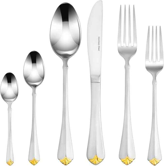 Venezia Collection Gold Flatware Serving Set for 12, 75-Pc Luxury Dining Silverware Cutlery Service, 24 Kt 18/10 Premium Surgical Stainless Steel Hostess Set in a Wooden Storage Case Chest