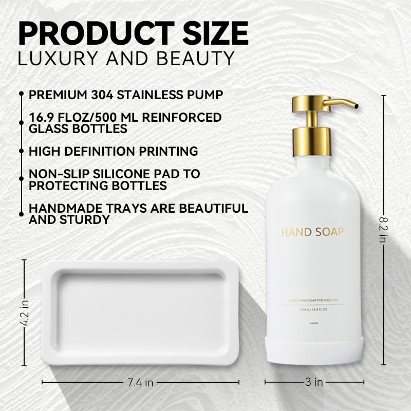 Glass Kitchen Soap Dispenser Set with Ceramic Tray (White + Gold(lotion))