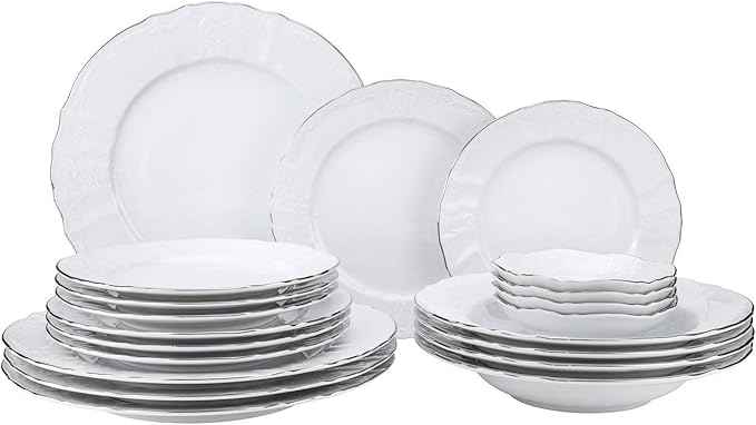 Euro Porcelain 20-pc Luxury Dinnerware Set w/Platinum Silver Ornament, HQ Dining Tableware Service for 4 (Bernadette wht.)