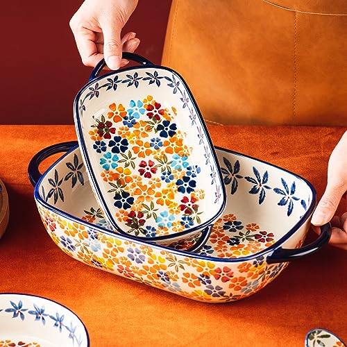 Retro pastoral style Ceramic Baking Dish Rectangular Bakeware Set Baking Pan (Colorful Flower)
