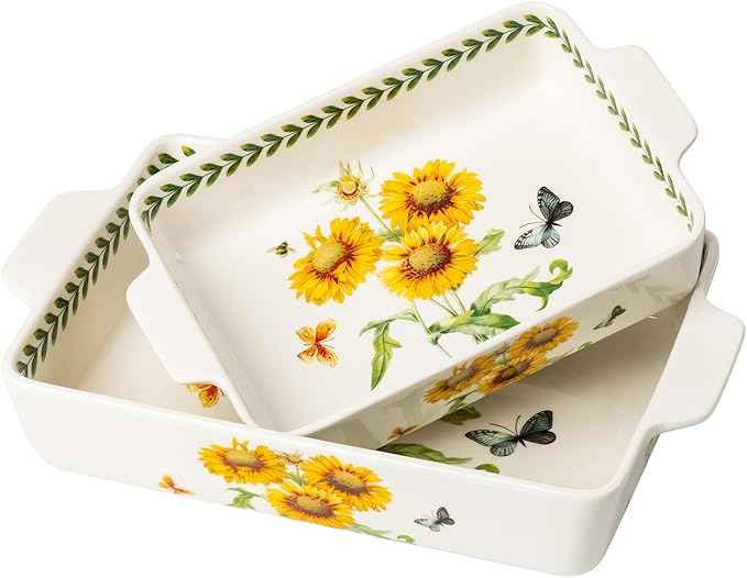 ONCCI In-Glaze Ceramic Baking Dish Set of 2 - Rectangular with Handles,Single Serving Size Casserole dishes 10.8*7.99in & 8.58*6.54inch Sizes - Oven Safe for Cooking, Baking, Casseroles - Dishwasher Safe(Sunflower)