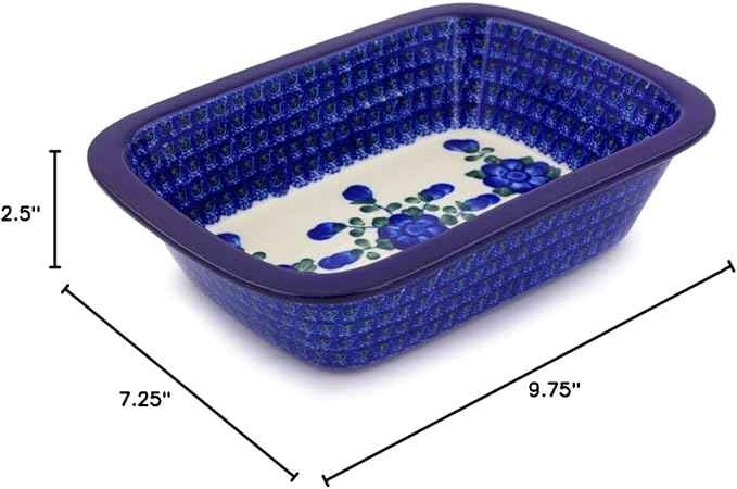Polmedia Polish Pottery Rectangular Baker - Blue Poppies Pattern Handmade in Boleslawiec Poland by Ceramika Artystyczna + Certificate of Authenticity