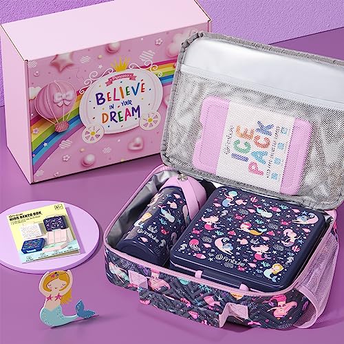 Kids Bento Lunch Box with Toddler Insulated Water Bottle Lunch Bag (A2. Mermaid)