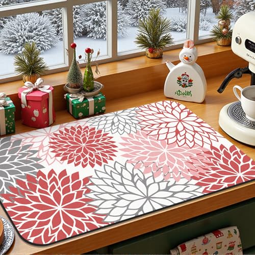 2Pcs Floral Christmas Dish Drying Mat & Sink Splash Guard (Red / 12" X 20" + 24" X 5.5")