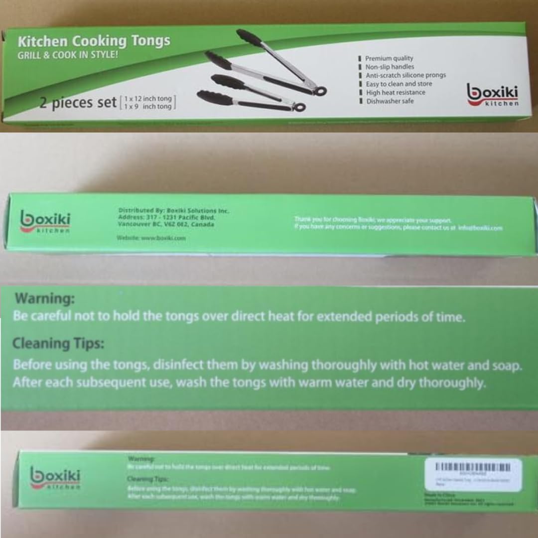 Kitchen Tongs for Cooking with Silicone Tips by Boxiki Kitchen (Black Silicon)