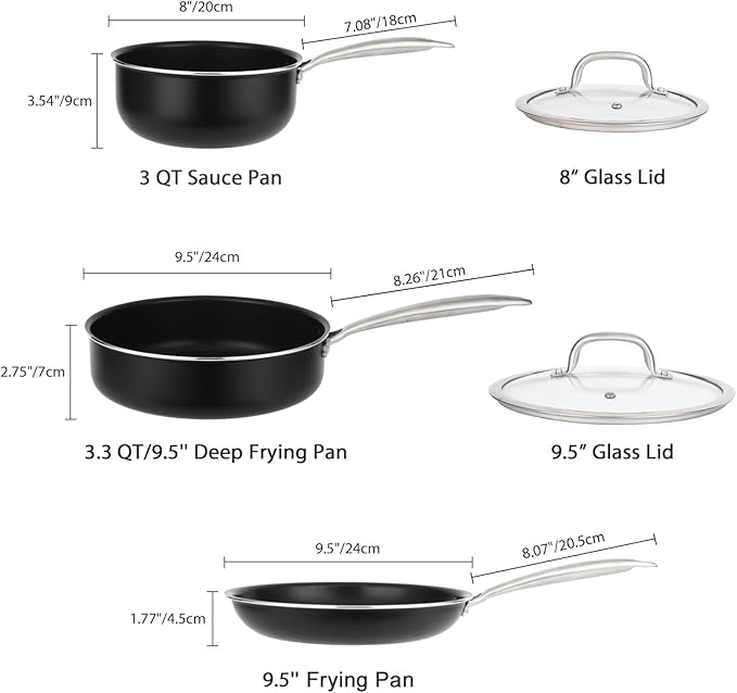 Pots and Pans Set Nonstick, 5-Piece Ceramic Cookware Set, Stainless Steel Handles, Induction Compatible & Oven Safe, Non Toxic Healthy Cooking Set for RV & Apartments, Matte Black