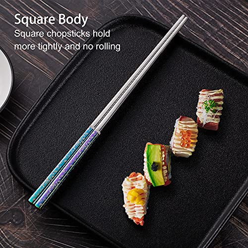 Metal Chopsticks Reusable Dazzling Rainbow Stainless Steel Chopsticks Titanium Plated Dishwasher Safe Fancy Laser Engraved Korean Japanese Chop Sticks Multicolor 2 Pairs Gift Set (Rainbow silver)
