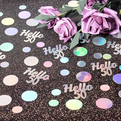 Hello 50 Birthday Confetti for Table Iridescent Circle Happy 50th Birthday Party Decorations for Women Fifty Years Old Birthday Tables Scatter Party Confetti Wedding Anniversary Decor 300PC (230 Count)