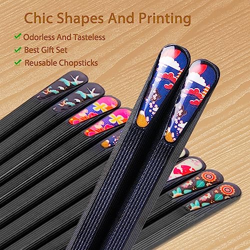5 Pairs Reusable Chopsticks Premium Fiberglass Cute Japanese Korean Style Dishwasher Safe Chop sticks 9.5 Inch Gift Set (Colorful)