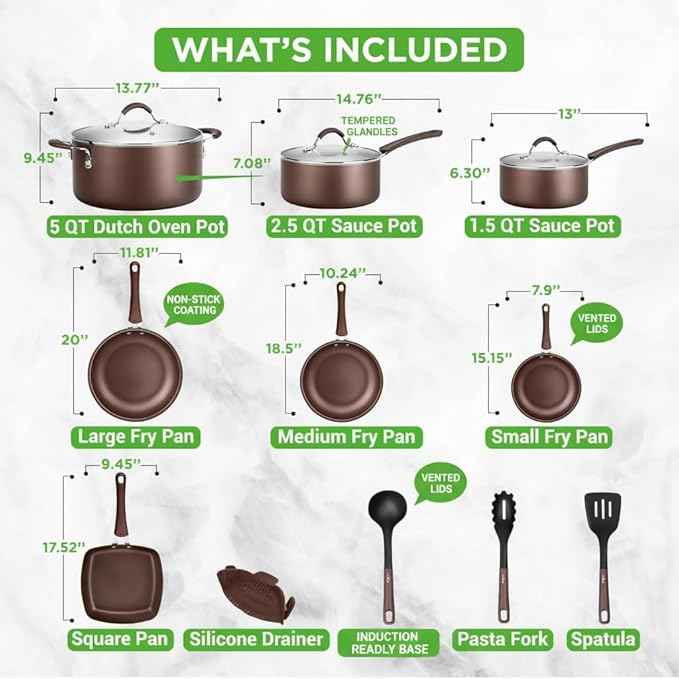NutriChef 14-Piece Nonstick Brown Cookware Set - Scratch-Resistant Kitchen Pots and Pans with Lids & Utensils, For All Cooktops - NCCW14SBR