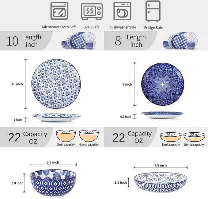 Selamica Ceramic Dinnerware Sets, 16 Pieces Dishes Set for 4, Kitchen Plates and Bowls Sets, Dishwasher & Microwave Safe, Vintage Blue