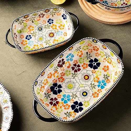 Retro pastoral style Ceramic Baking Dish Rectangular Bakeware Set Baking Pan (Green Traces)