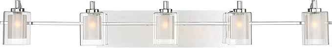 Quoizel Kolt Modern Vanity Lights, 5-Light, 42 Inch Polished Chrome Bathroom Lighting Fixtures Over Mirror, Sandblasted Inner Glass, 50 W LED Bulb, Wall Mount Light for Bathroom, Kitchen or Hallway