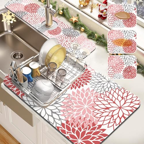 2Pcs Floral Christmas Dish Drying Mat & Sink Splash Guard (Red / 16" X 24" + 24" X 5.5")