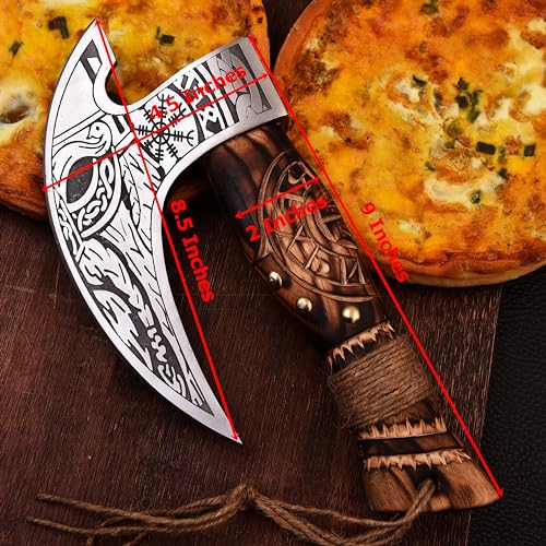 Pizza Cutter Axe Carbon Steel Slicer Chef Viking Axe with Leather Cover (Hand Engraved Etched Ash Wood)